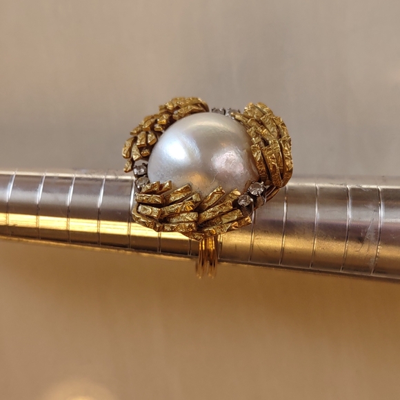 Mabe pearl 18kt Yellow Gold Ring, diamonds, estate Ring vintage - Picture 14 of 16